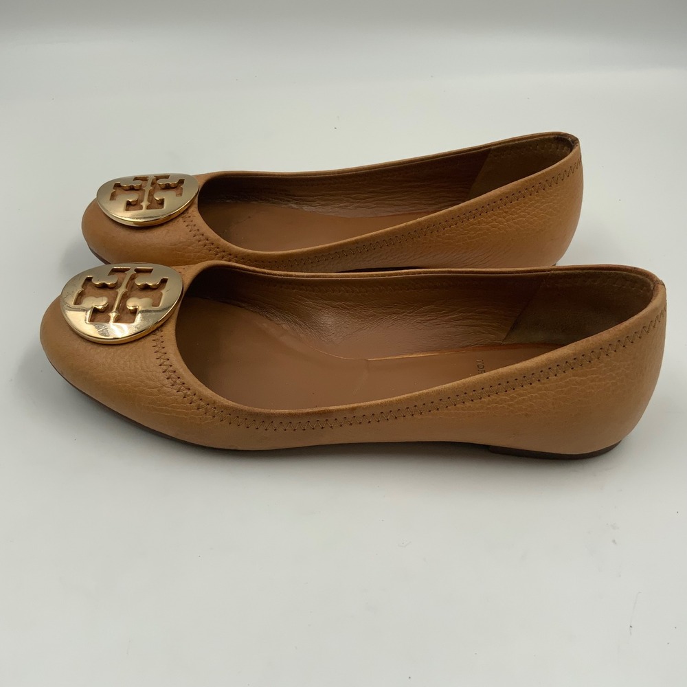 Tory Burch Tan Leather Ballet Flats with Gold Logo Medallion - Classic - Picture 2 of 9